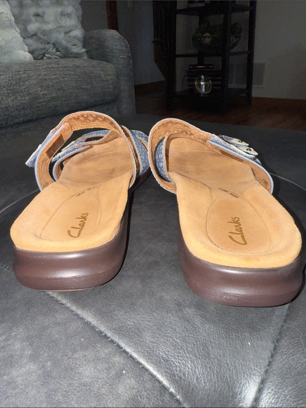Clarks Women's Kitly Walk Light Blue Triple-Strap Laser-Cut Slide Sandals - Picture 9 of 13